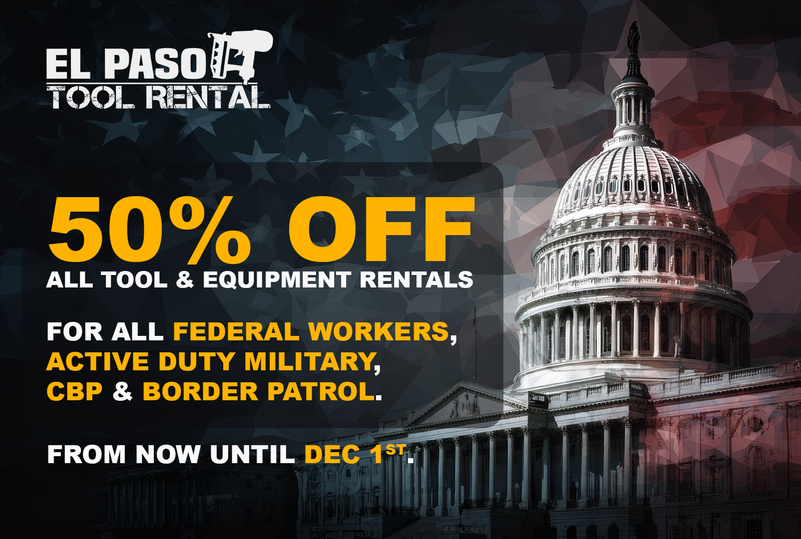 50% off for all federal workers during the shutdown.